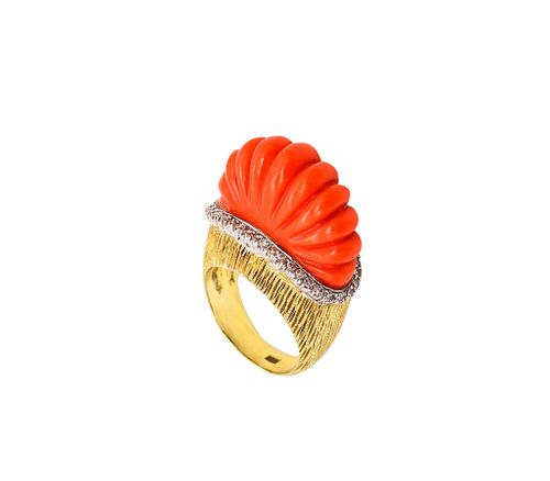 Italian Cocktail Ring In 18K Gold With 23.5 Ctw In Diamonds & Coral
