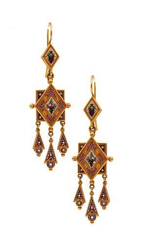 Italy 1850 Roma Egyptian Revival Micro Mosaic Earrings In 18K Gold