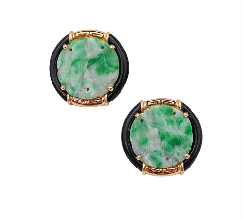 Earrings In 14K Gold With 13.94 Cts Of Carved Jadeite & Onyx