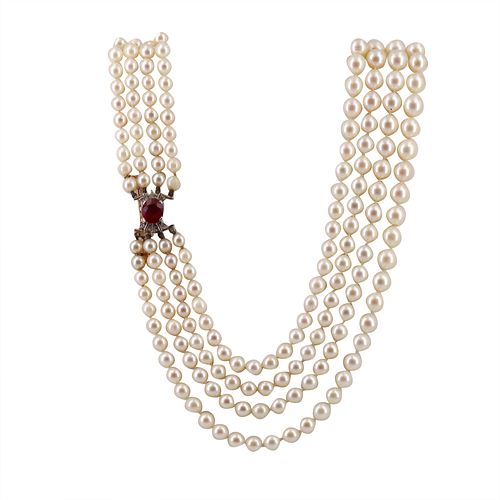Fresh water Pearls Necklace with Ruby and Diamonds