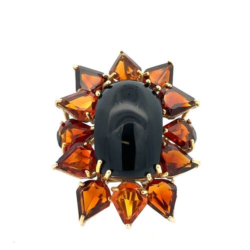 Cocktail 14k Gold Ring with Onyx and Citrines