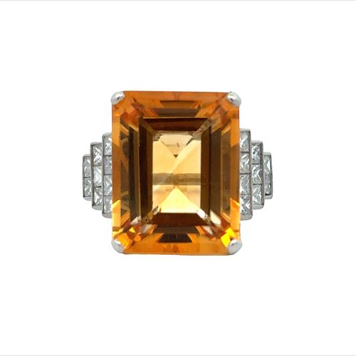 Art Deco revival Platinum Ring with Diamonds & Citrine
