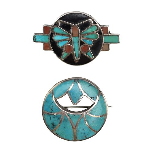 NO RESERVE - Zuni  Multi-Stone Inlay  Silver Butterfly and Zuni Inlay Turquoise Pins  1940-50s 