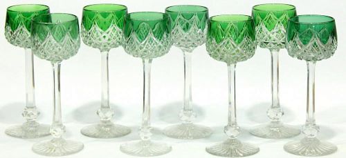 8 Baccarat Green Cut to Clear Wine Hocks