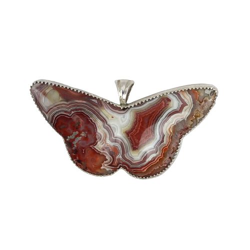 NO RESERVE - Navajo Crazy Lace Agate and Sterling Silver Butterfly Pendant c. 1960s, 1.375" x " 2.375" (J13998-110)