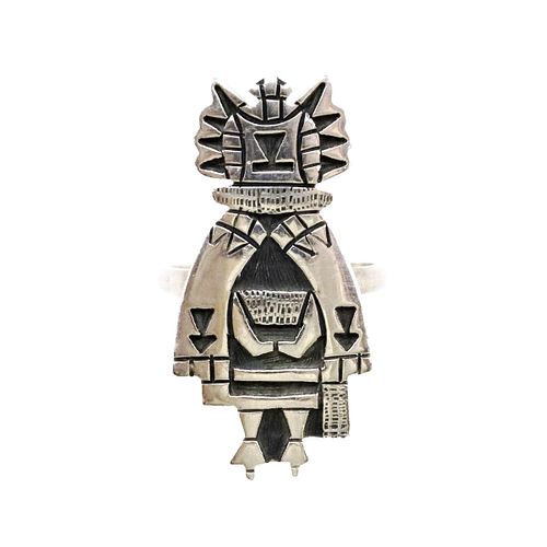 NO RESERVE - Hyson Craig - Navajo Sterling Silver Overlay Crow Mother Kachina Ring c. 1970s, size 7 (J13998-097)
