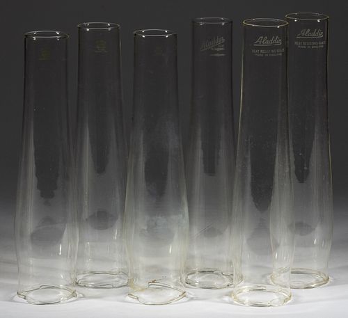 ALADDIN HEAT-RESISTANT GLASS KEROSENE LAMP LOX-ON CHIMNEYS, LOT OF SIX
