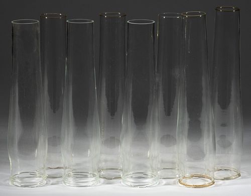ALADDIN-STYLE GLASS KEROSENE LAMP LOX-ON CHIMNEYS, LOT OF EIGHT