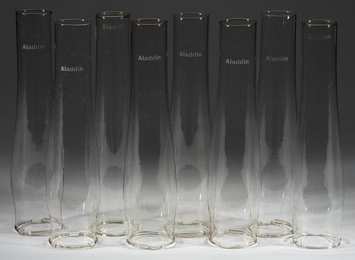 ALADDIN SINGLE-LINE GLASS KEROSENE LAMP LOX-ON CHIMNEYS, LOT OF EIGHT