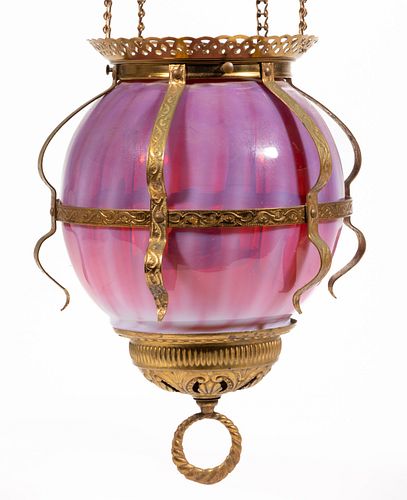 VICTORIAN OPALESCENT STRIPE KEROSENE HALL LAMP