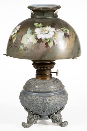 CAST-METAL PARLOR LAMP WITH VICTORIAN DECORATED SHADE