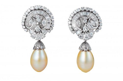 A Pair of Platinum, Diamond and Pearl Drop Night and Day Earrings