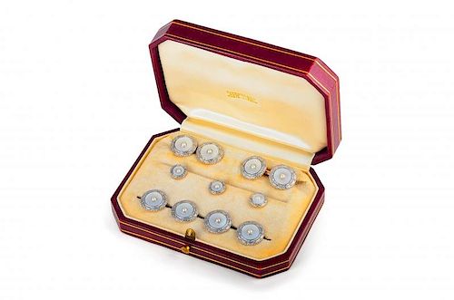 A Tiffany & Co. Platinum, Gold, Mother of Pearl and Pearl Cufflink and Stud Set Circa 1905