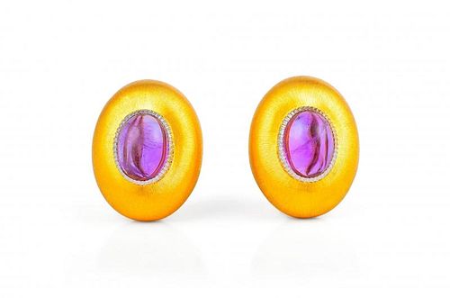 A Pair of Buccellati Brushed Gold and Amethyst Earrings