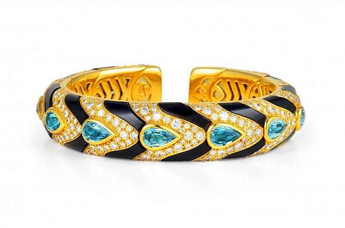 A Marina B Gold, Onyx, Diamond and Aquamarine Bangle