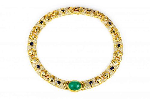 An Important Bulgari Gold, Emerald, Sapphire and Diamond Necklace