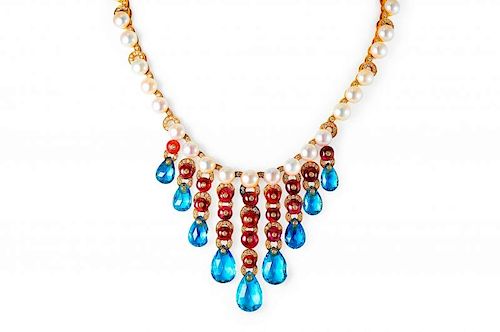 A Bulgari Aquamarine, Ruby, Diamond and Pearl Necklace and Earrings Suite