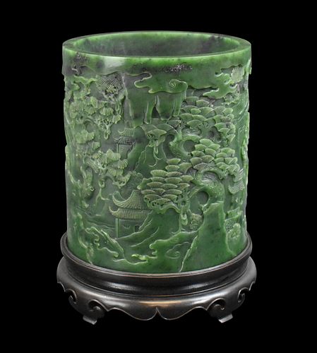 Chinese Spinach Jade Carved Brushpot w/ Landscape