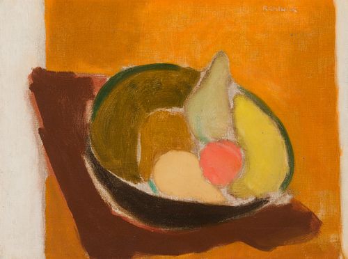 Seymour Remenick (Am. 1923-1999), "Fruit with Orange Background", Oil on canvas, framed