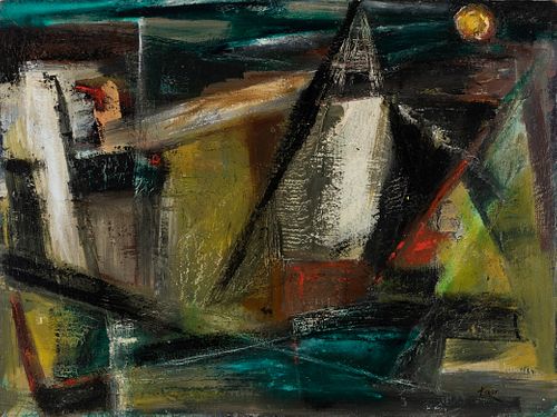 Reuben Tam (Am. 1916-1991), Sailboat and Moon, Monhegan, Oil on masonite, framed