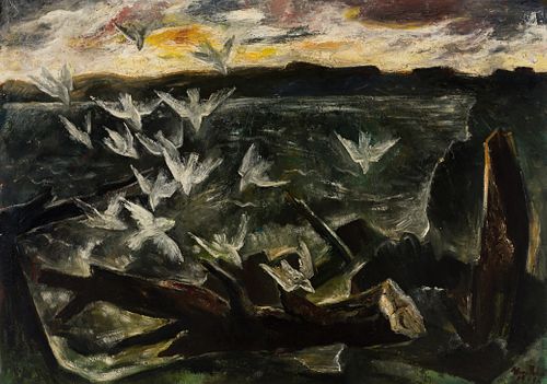 B.J.O. Nordfeldt (Am./Swedish 1878-1955), "Flight of Birds" 1946, Oil on panel, framed