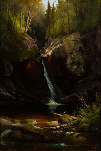 Edward Hill (Am. 1843-1923), Bridal Veil Falls, Franconia, 1883, Oil on canvas, framed