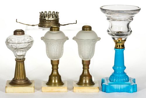 ASSORTED PATTERN KEROSENE STAND LAMPS AND RELATED ARTICLES, LOT OF FIVE