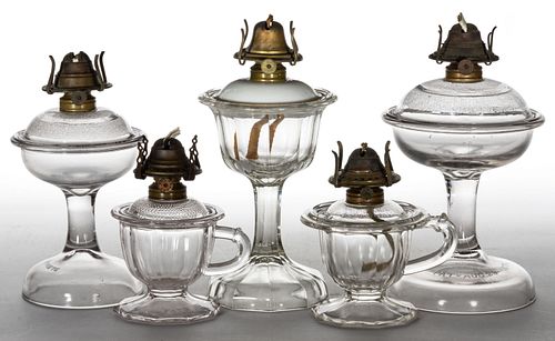 ASSORTED PATENTED ATTERBURY PRESSED BOSS KEROSENE LAMPS, LOT OF FIVE