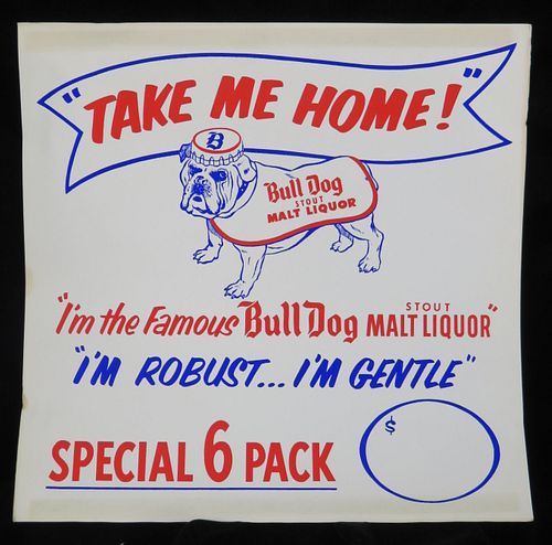 1954 Bull Dog Stout Malt Liquor Cardboard Tacker Sign Los Angeles California