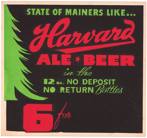 1930s State of Mainers Like Harvard Ale Cardboard Tacker Sign Lowell Massachusetts
