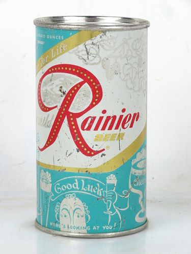 1956 Rainier Jubilee Beer "Fountain Blue" 12oz Flat Top Can Spokane Washington
