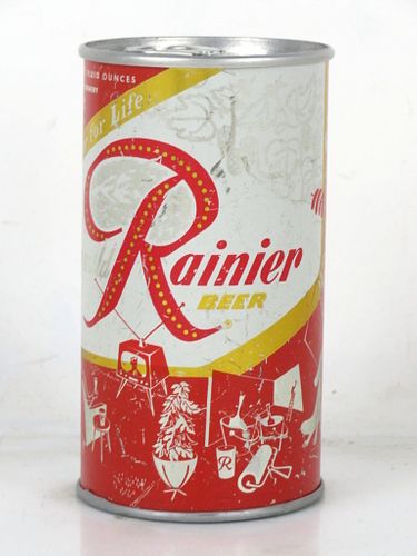 1956 Rainier Jubilee Beer (Flush Mahogany) 12oz No Ref. Flat Top Can Spokane Washington