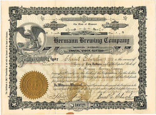 Rare 1909 Hermann Brewing Co. Stock Certificate Hermann Missouri