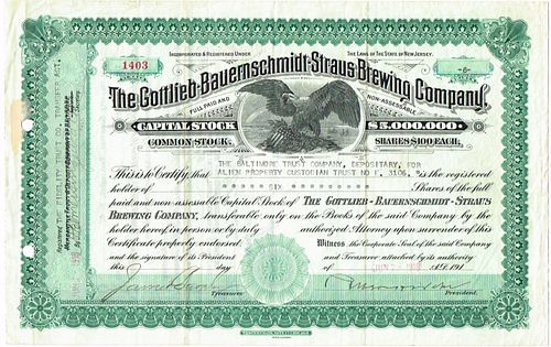 1918 Gottlieb-Bauernschmidt-Straus Brewing Co. Stock Certificate Baltimore Maryland