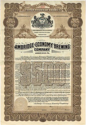 1912 Ambridge-Economy Brewing Co. Stock Certificate East Economy Pennsylvania