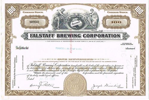 1972 Falstaff Brewing Corp. 100 Shares Stock Certificate Saint Louis Missouri