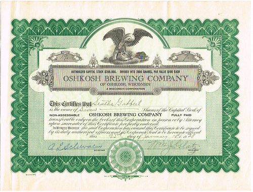 1928 Oshkosh Brewing Co. Stock Certificate Oshkosh Wisconsin