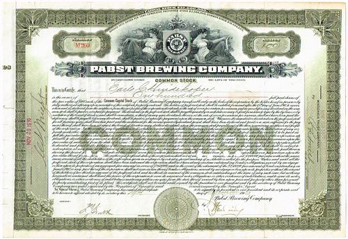 1910 Pabst Brewing Co. Stock Certificate Milwaukee Wisconsin