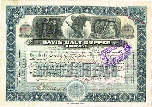 1917 Davis Daly Copper Co. Maine Stock Certificate 