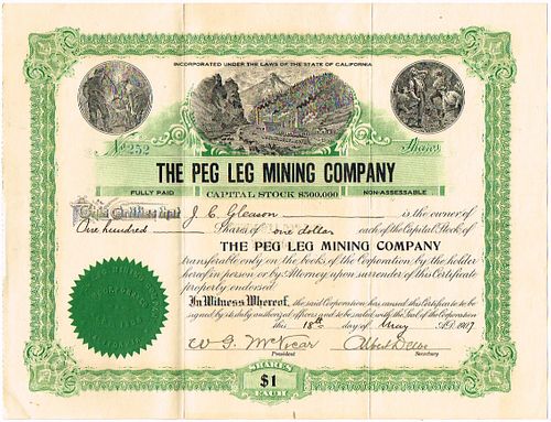 1907 Peg Leg Mining Co. Siskiyou County California Stock Certificate 