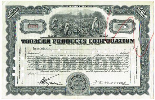 1912 Tobacco Products Corporation Virginia Unissued Common Stock Certificate 