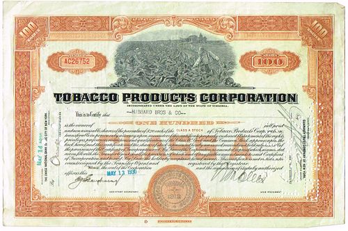1930 Tobacco Products Corporation Virginia Class A Stock Certificate 