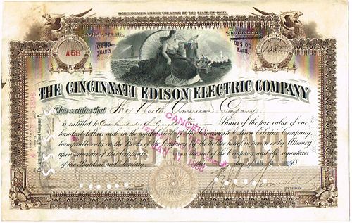 1898 Cincinnati Edison Electric Co. Stock Certificate 