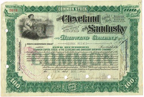 1905 Cleveland & Sandusky Brewing Co. Stock Certificate Cleveland Ohio