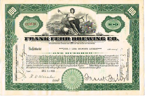 1938 Frank Fehr Brewing Co. Stock Certificate Louisville Kentucky