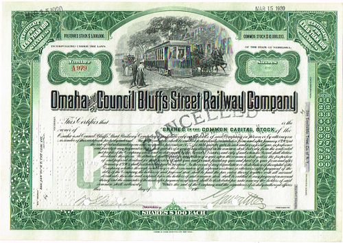 1930 Omaha & Council Bluffs Street Railway Co. Unissued Stock Certificate 