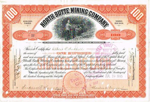 1905 North Butte Mining Co. of Minnesota Stock Certificate 