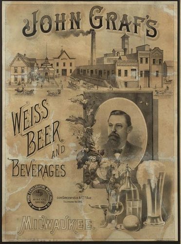 1890s John Graf's Weiss Beer and Beverages Factory Scene Lithograph Milwaukee Wisconsin