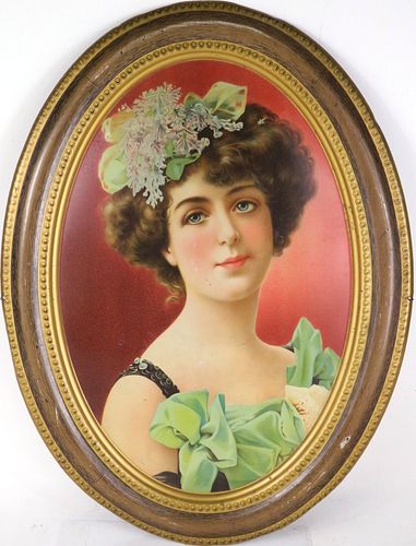 1910 H. D. Beach Co. Victorian Girl Self-Framed Tin Sign