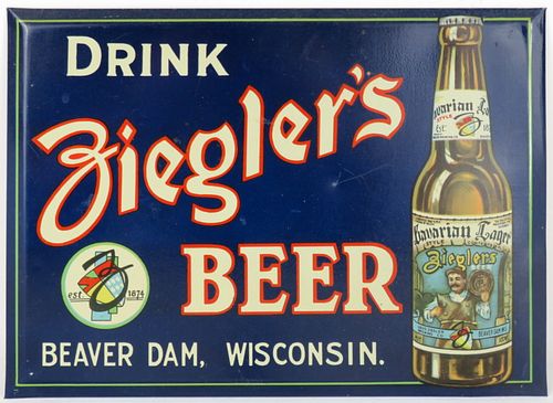 1939 Ziegler's Beer TOC Sign Beaver Dam Wisconsin
